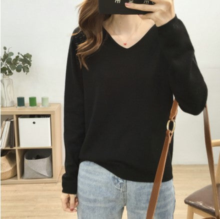 Loose Slimming V-neck Solid Color Long-sleeved Sweater