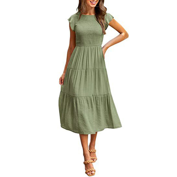 Holiday Style High Waist Dresses Summer Ruffled Sleeve A-line Beach Dress