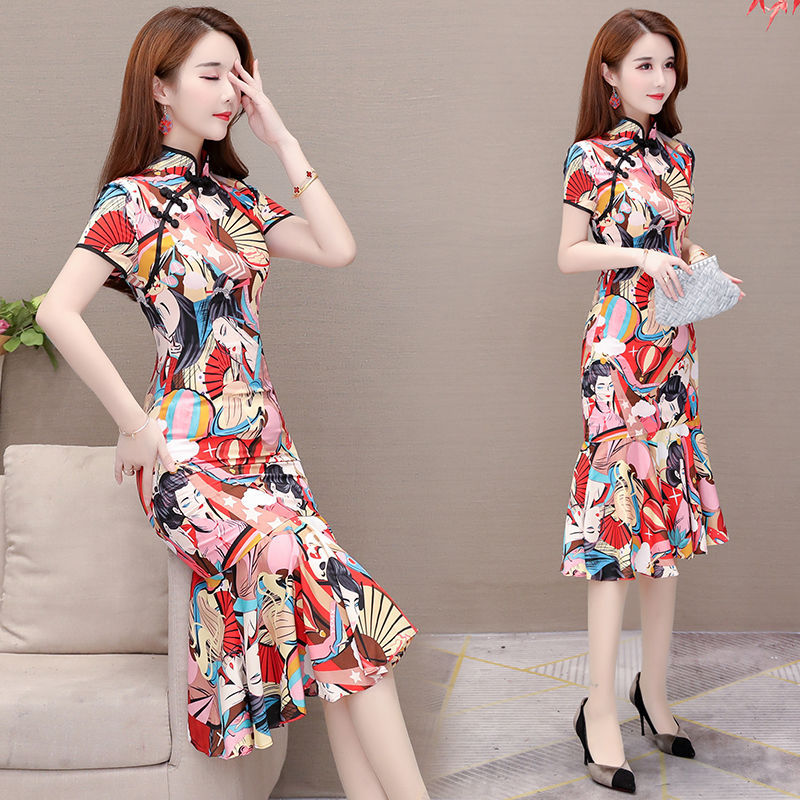 Large Size Dress Slim-fit Improvement Cheongsam In Long Short Sleeve Female