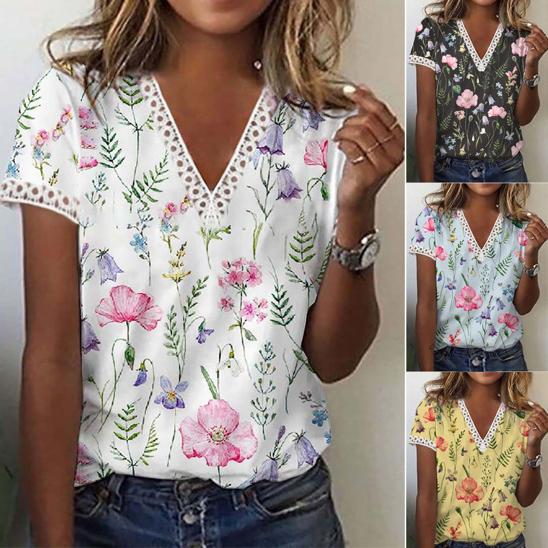 Printed V Neck Short Sleeved T Shirt