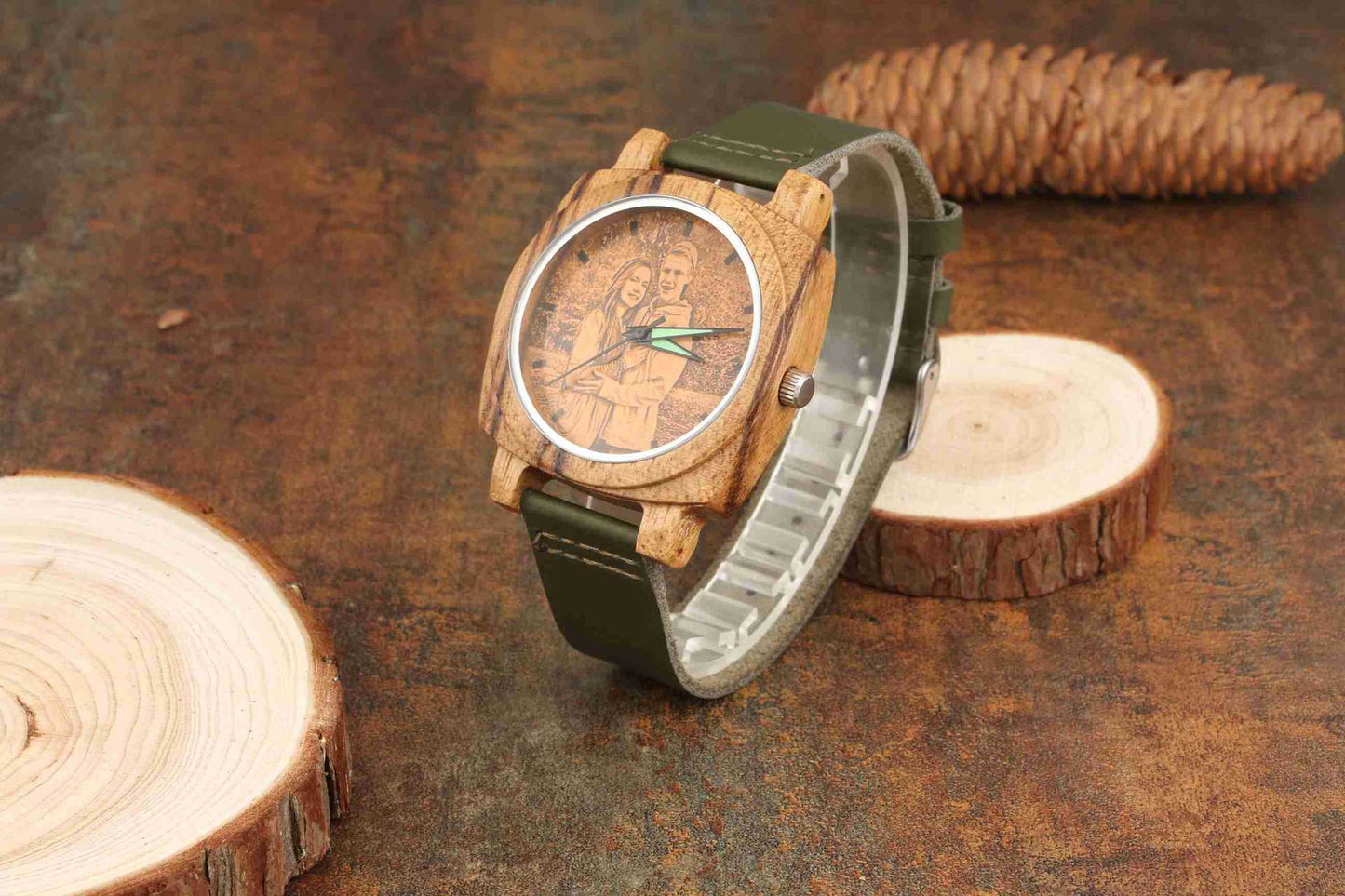 Personalized Custom Photo Square Wood Dark Green Leather Watch