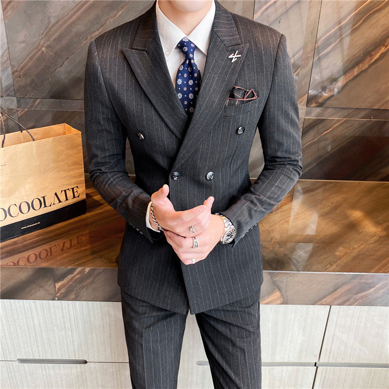 Men's Business Casual Double Breasted Striped Suit