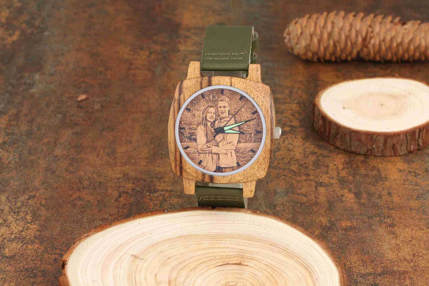 Personalized Custom Photo Square Wood Dark Green Leather Watch