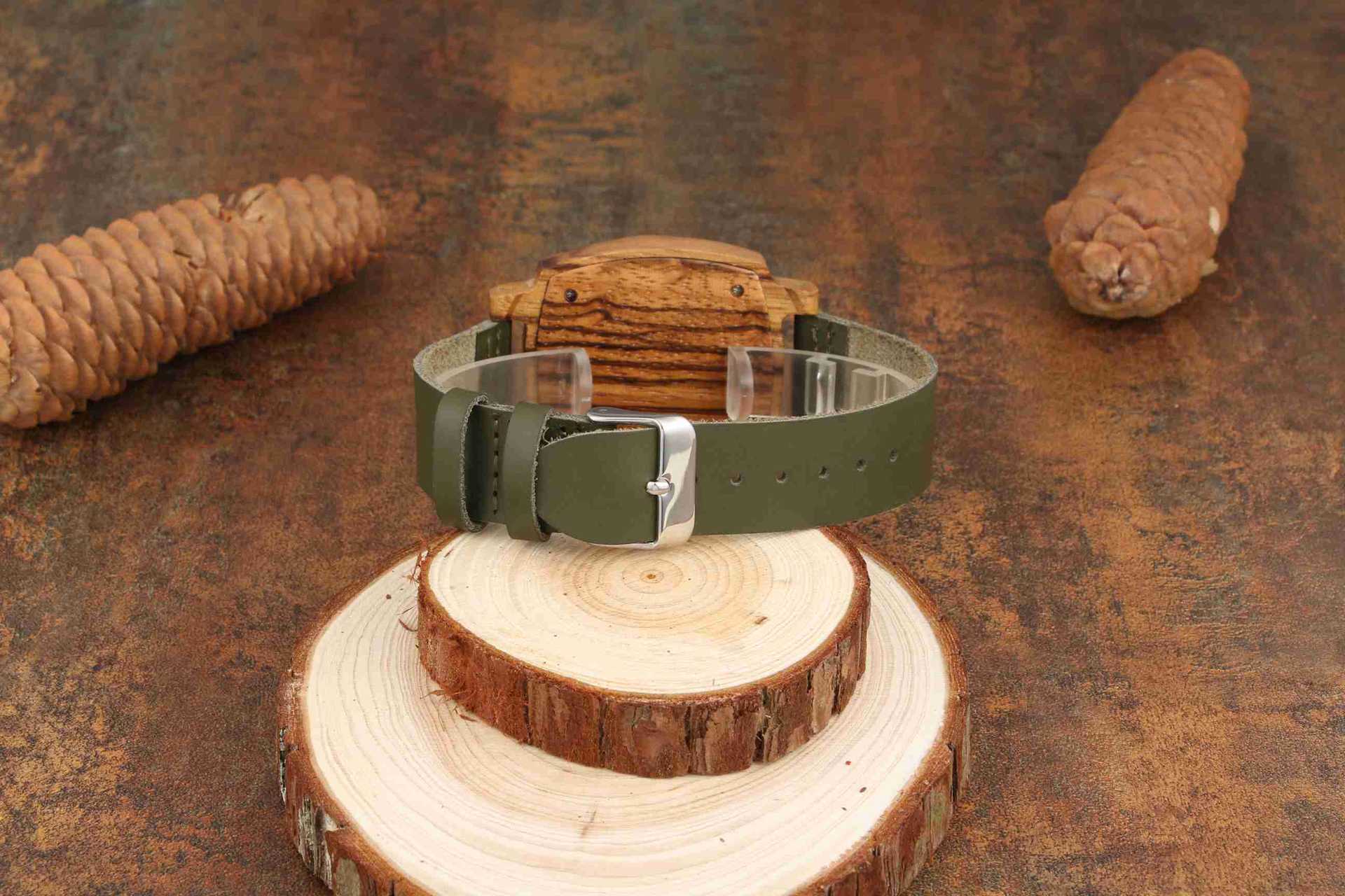 Personalized Custom Photo Square Wood Dark Green Leather Watch