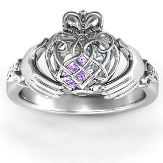 S925 Silver Jewelry Two-hand Tray Mesh Heart-shaped Birthday Stone Inlaid Ring