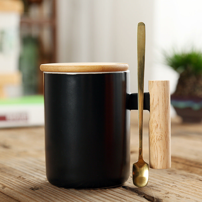 Simple Straight Ceramic Mug With Wooden Handle