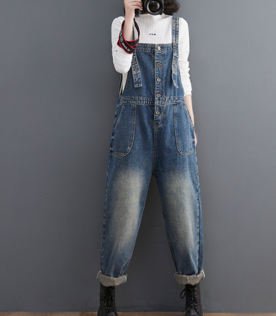 Literature And Art Solid Color Retro Large Women's Loose Denim Suspenders