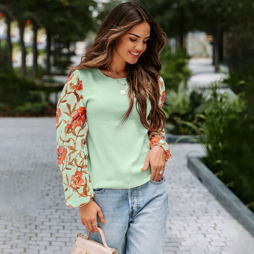 Printed Lantern Long Sleeve Casual Top Sweater Female