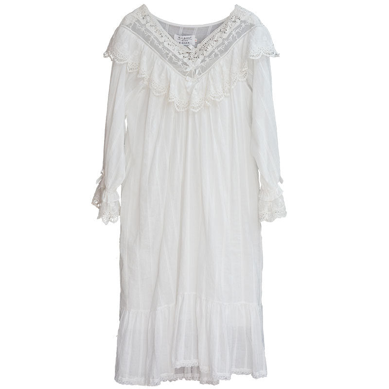 Thin Jacquard Cotton Cotton Princess Wind Long Nightdress White