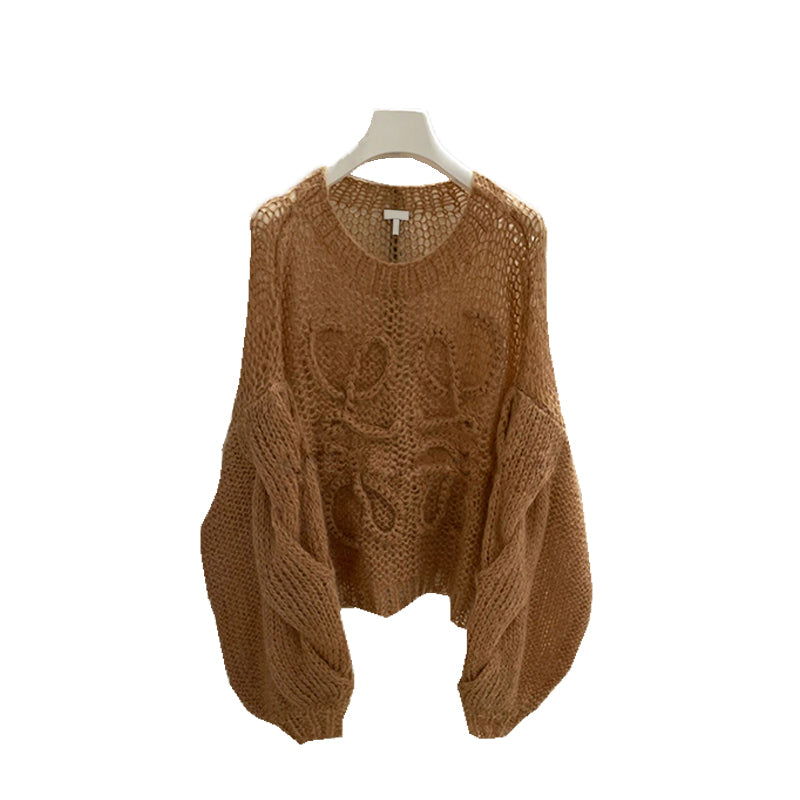 Korean Version Fried Dough Twist Round Neck Hollow Wide Sleeve Sweater Women