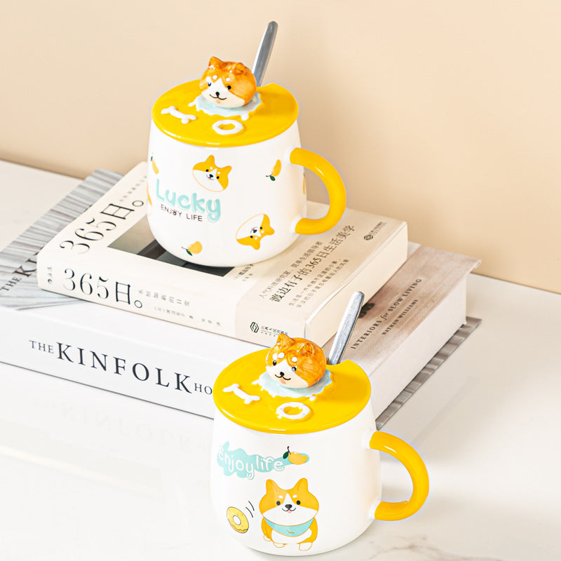 Cute Cartoon Ceramic Breakfast Cup With Lid Spoon