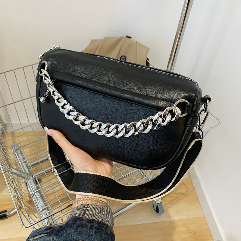 Solid Color Thick Chain Small PU Leather Crossbody Bags For Women 2022 Trend Fashion Shoulder Bag Wide Shoulder Belt Handbags