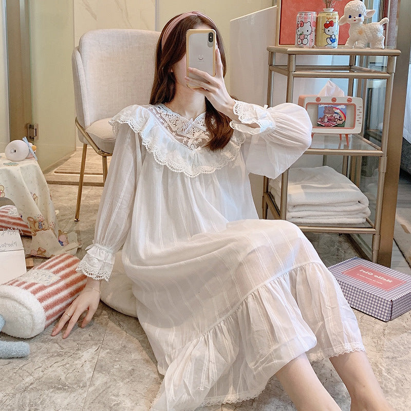 Thin Jacquard Cotton Cotton Princess Wind Long Nightdress White