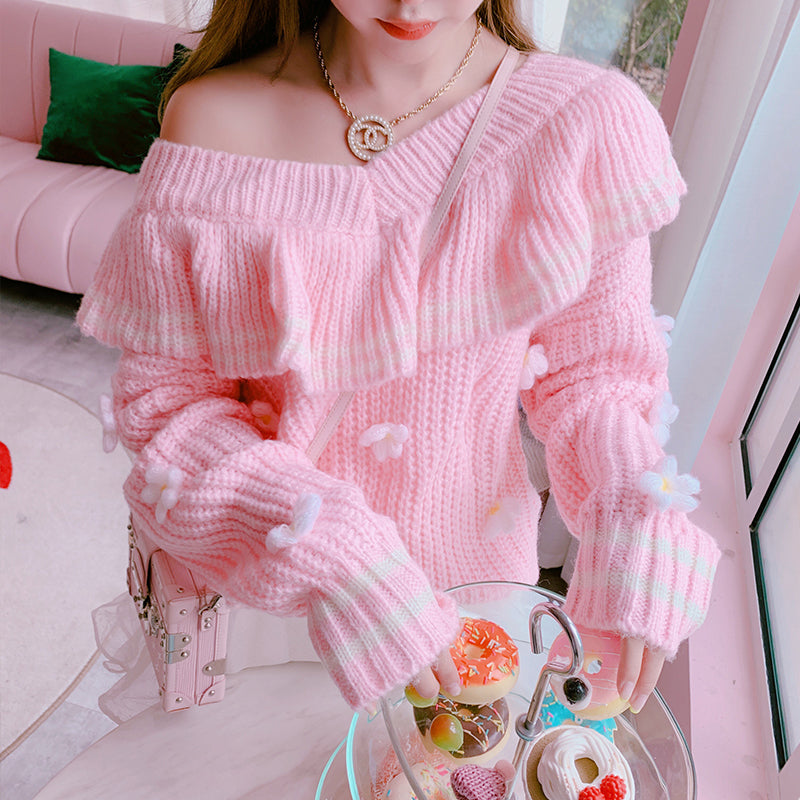 Three-dimensional Flower V-neck Ruffle Thickened Sweater