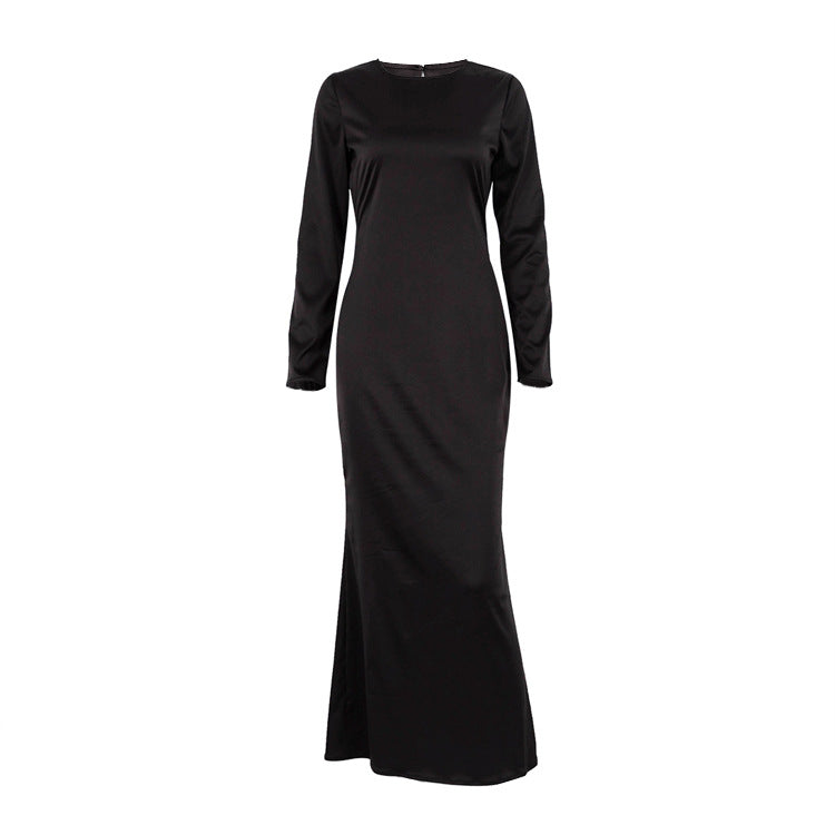 Women's New Satin Drape Round Neck High-waisted Fashionable Long-sleeved Dress