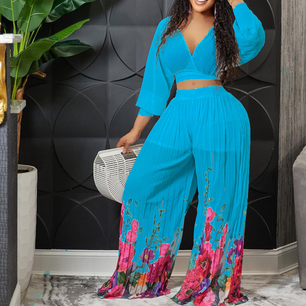 V-neck Bat Sleeve Chiffon Top Pleated Wide Leg Pants Two-piece Set