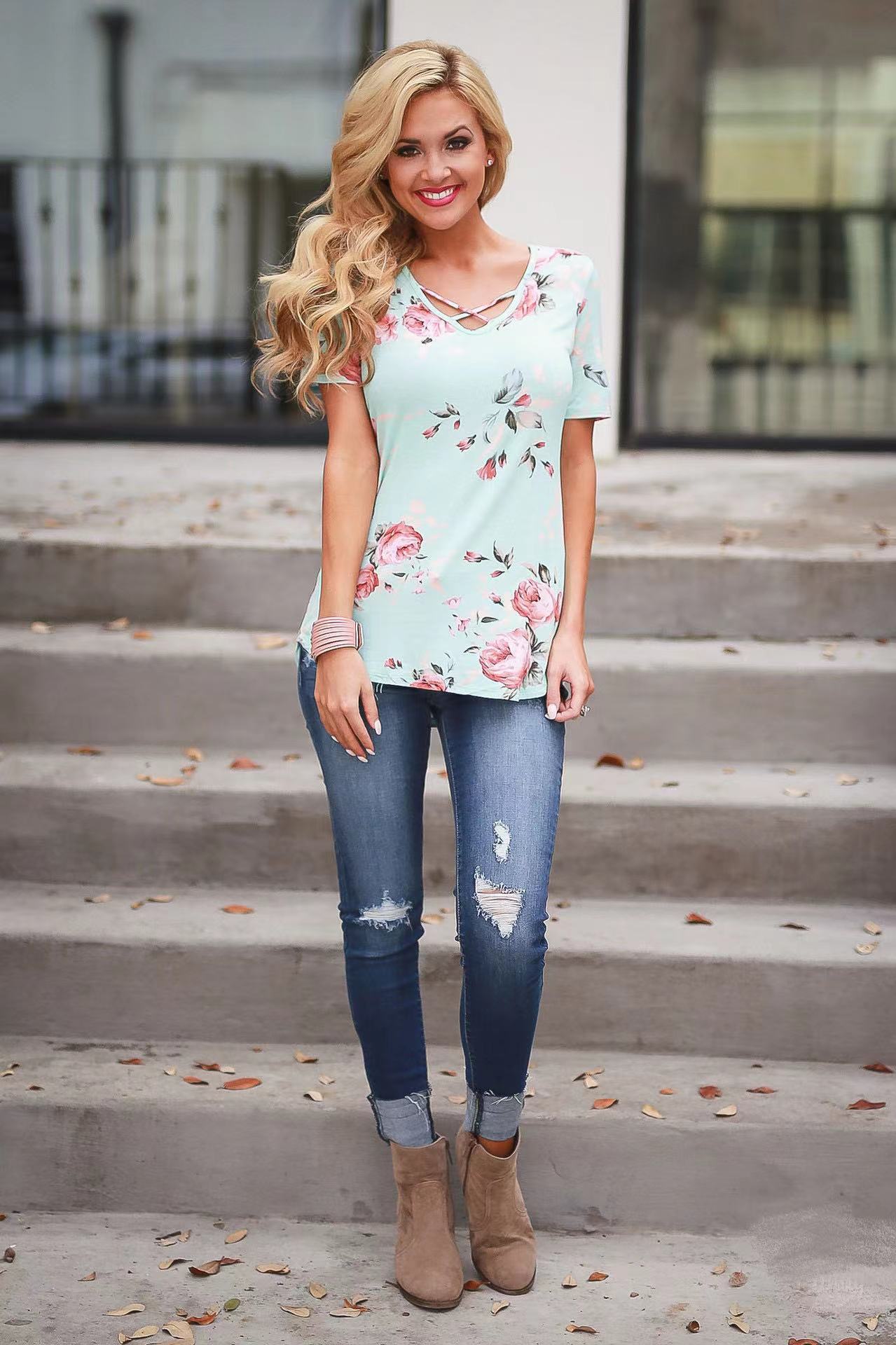 Flower Print Cross Front Short Back Long T-shirt