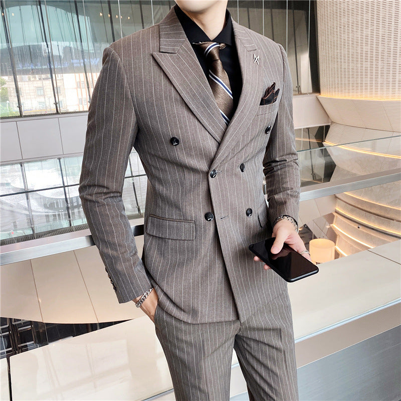 Men's Business Casual Double Breasted Striped Suit