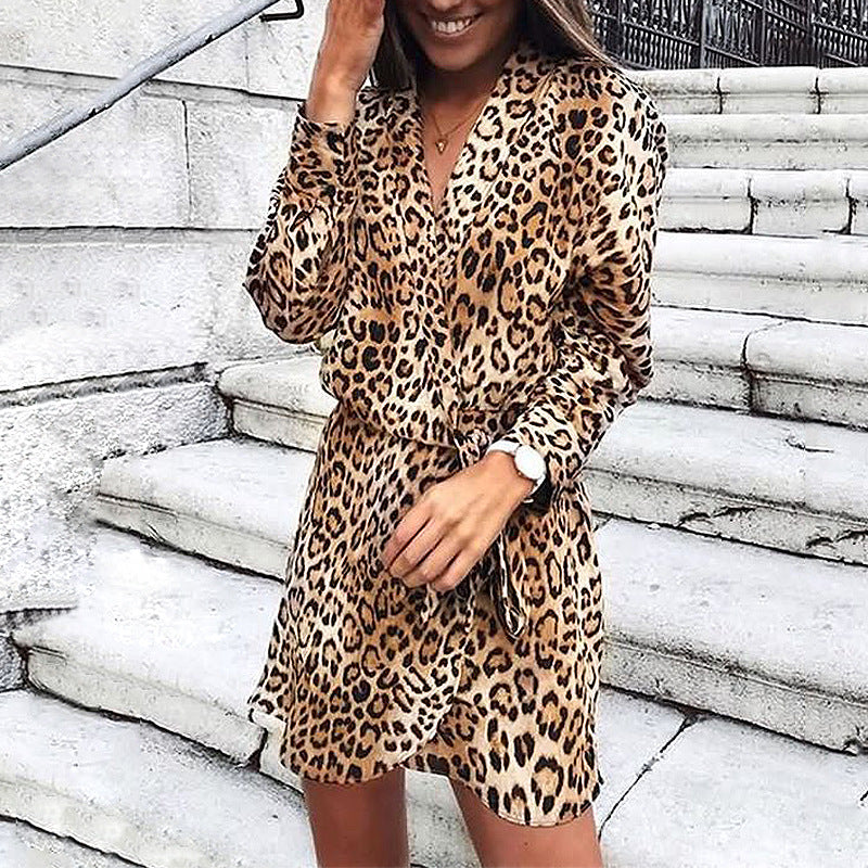 Leopard Print Long Sleeve V-Neck Irregular Dress