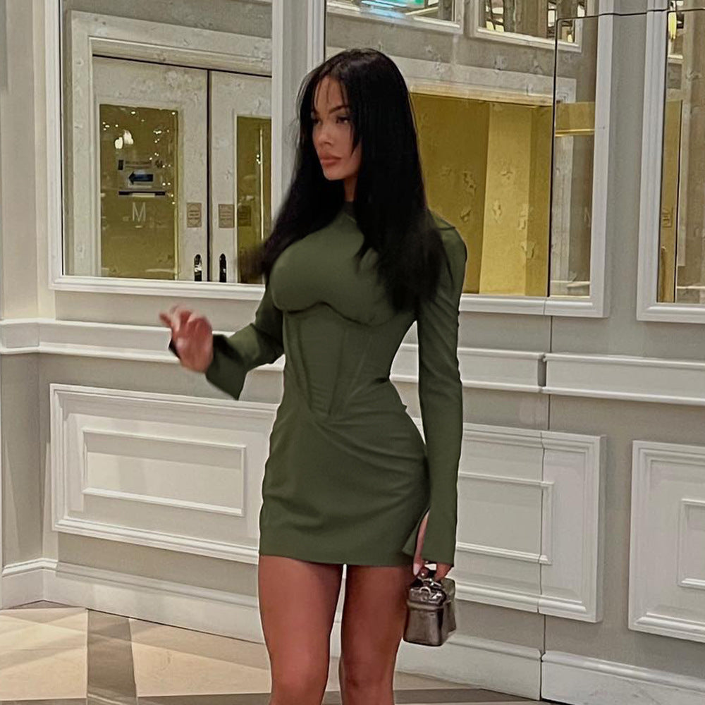 Tunneled Slim Fashion Solid Color Dress