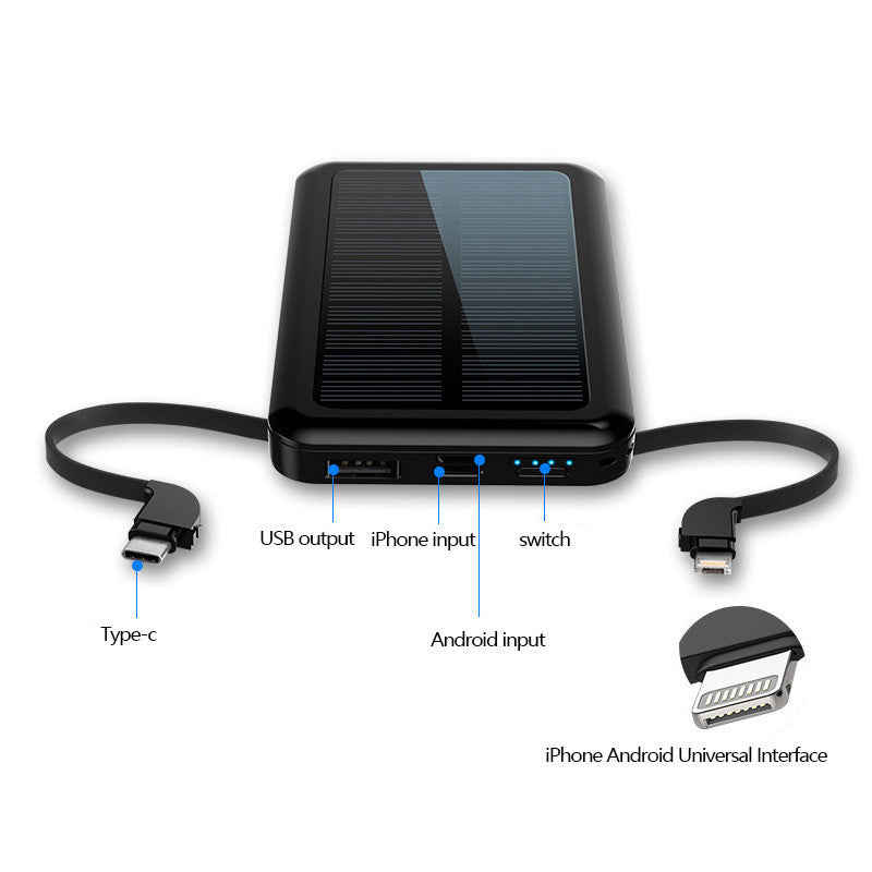 Square Aluminum Shell Solar Power Bank With Cable