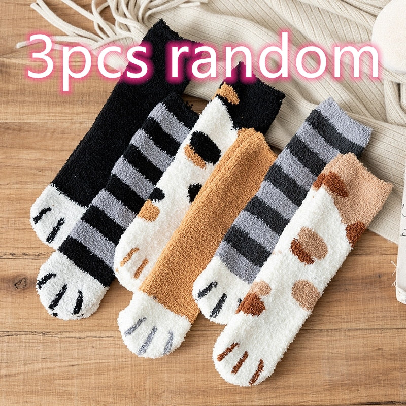 Women's Coral Fleece Cat Paw Pattern Kawaii Thick Warm Socks