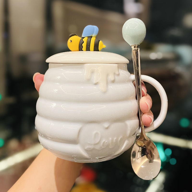 Cute Bee Ceramic Pot Belly Cup With Lid Spoon