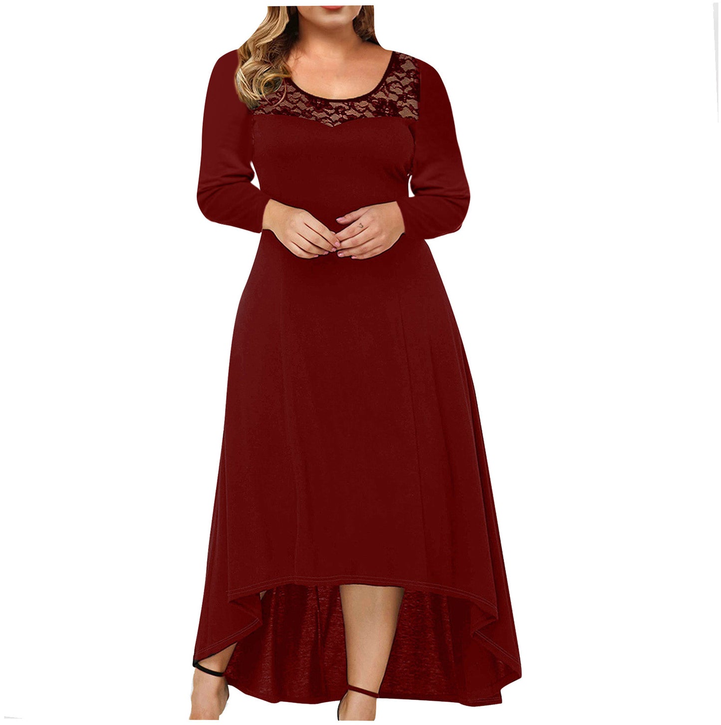 Round Neck Lace Stitching Irregular Hem Long Sleeve Dress