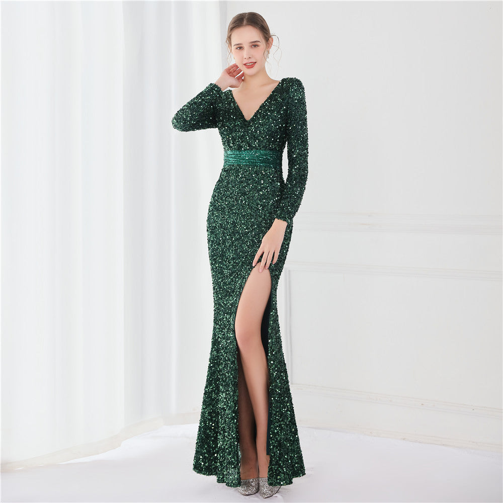 Long Sleeve Sequined Gas Field Queen Fishtail Evening Dress