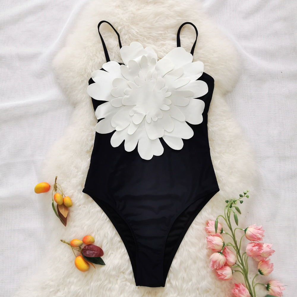 Solid Color Halter One-piece Swimsuit Female Big Flower