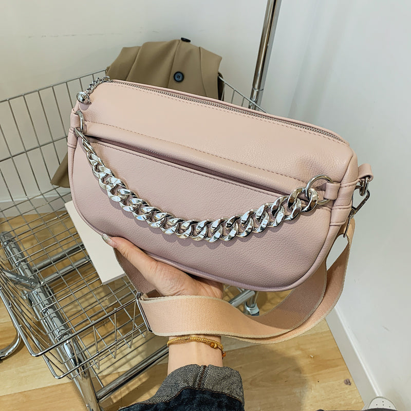 Solid Color Thick Chain Small PU Leather Crossbody Bags For Women 2022 Trend Fashion Shoulder Bag Wide Shoulder Belt Handbags