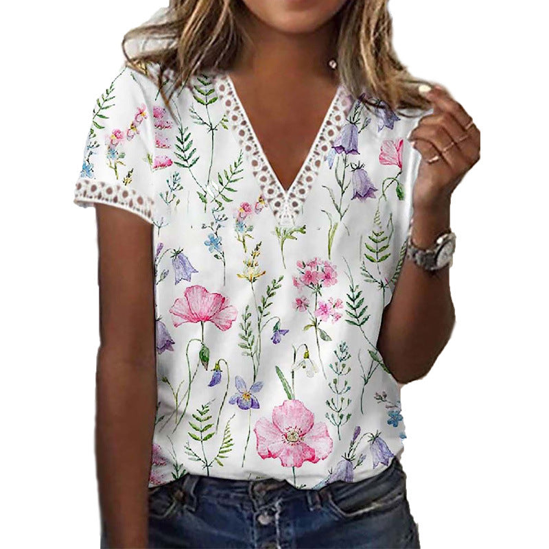 Printed V Neck Short Sleeved T Shirt