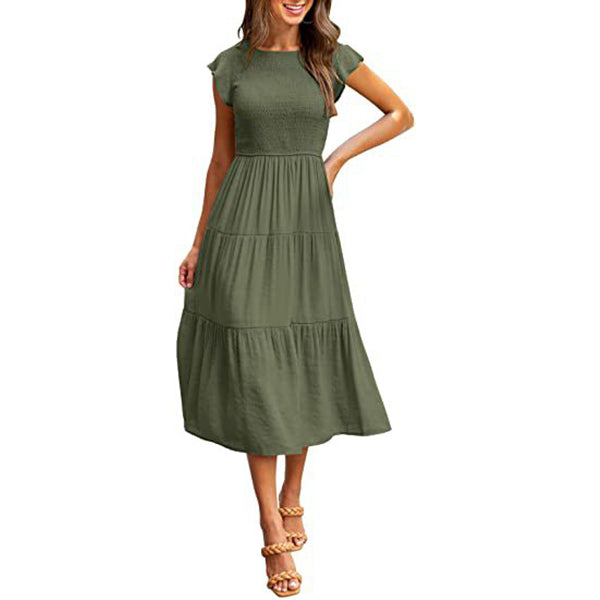 Holiday Style High Waist Dresses Summer Ruffled Sleeve A-line Beach Dress