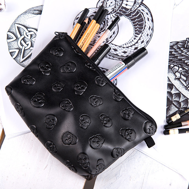 Pu Leather Cosmetic Bag Female European And American Black Skull Waterproof Storage Wash Bag