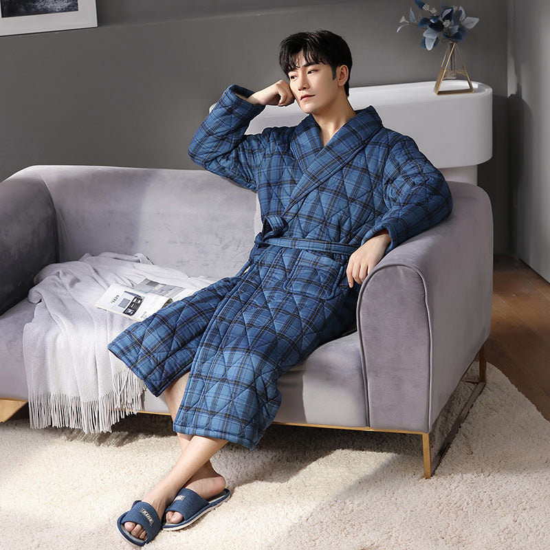 Simple Thick Cotton Long-sleeved Men's Pajamas