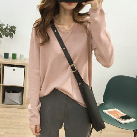 Loose Slimming V-neck Solid Color Long-sleeved Sweater