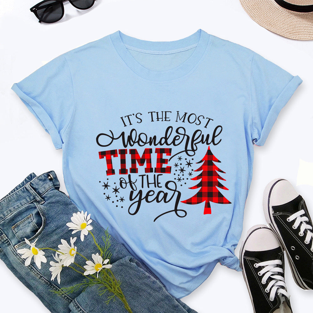 Christmas Print Round Neck Short Sleeve Women's T-shirt