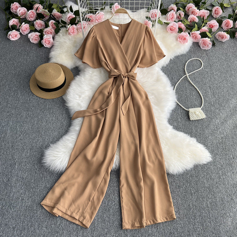 Temperament V-neck Short-sleeved Waist Strap Slim Jumpsuit Solid Color Simple High Waist Drape Wide-leg Pants