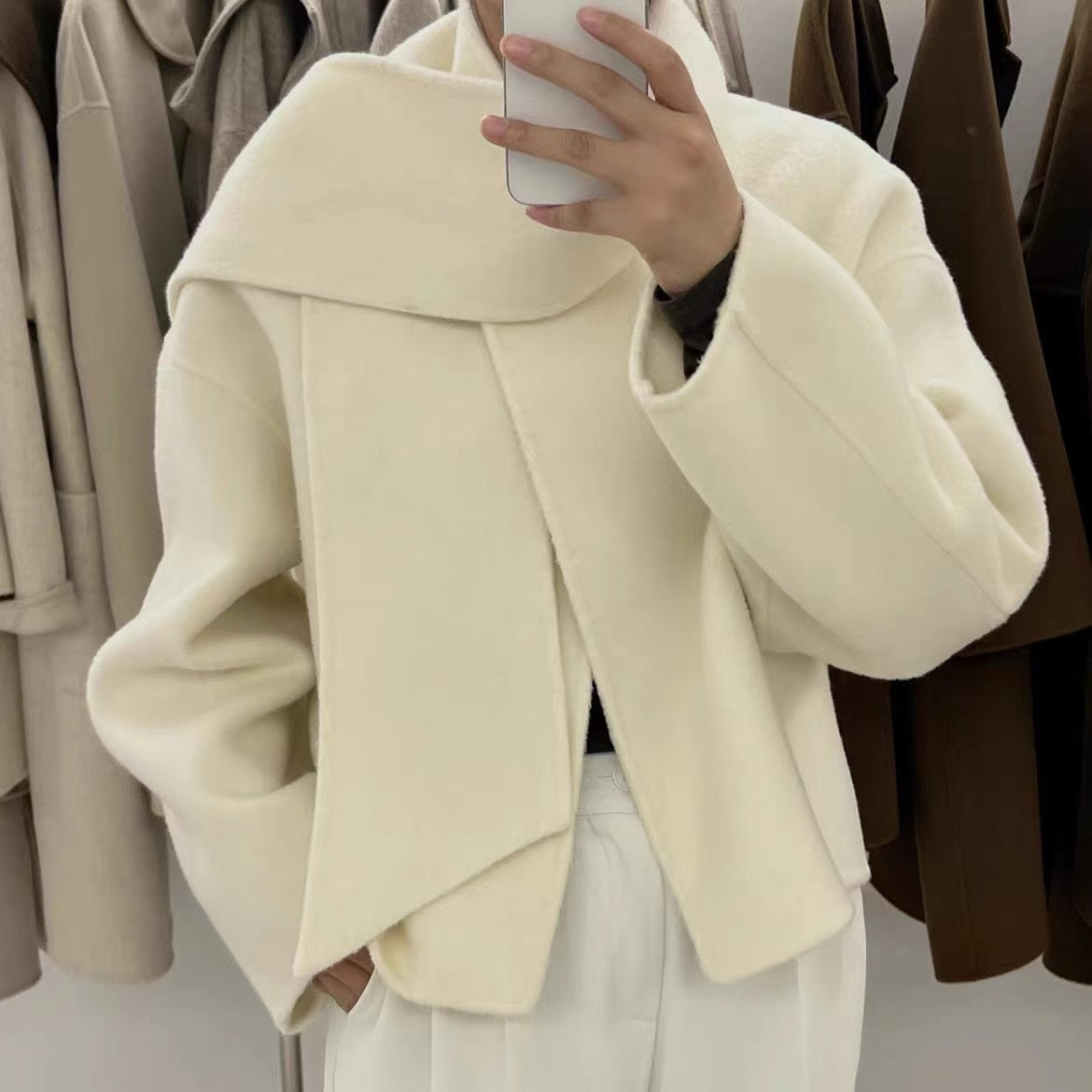 23 New Autumn And Winter New Scarf Collar Short Double-sided Cashmere Coat For Women Petite Round Neck Weibo Wool Coat