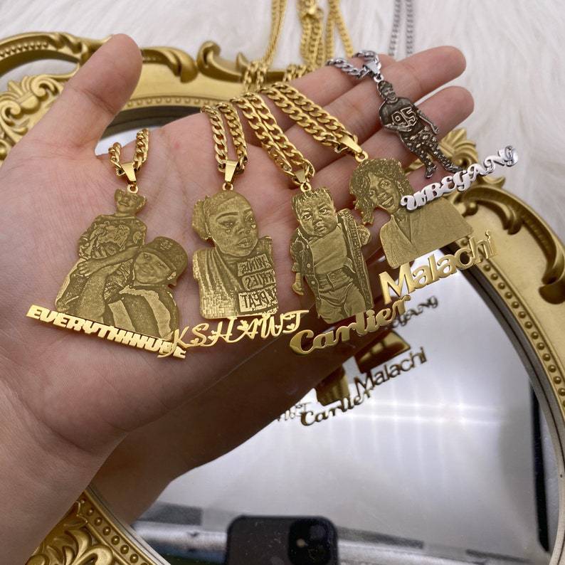 Cross-border Hot Selling Private DIY Character Image Engraving Stainless Steel 18K Real Gold Necklace Pendant Factory Direct Selling