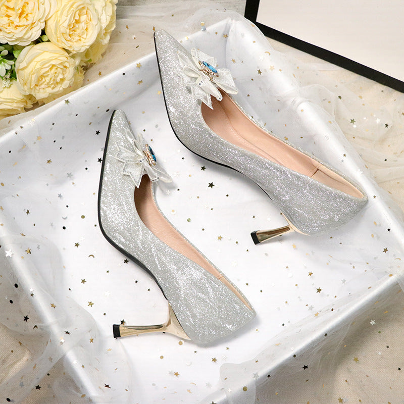 French Wedding Shoes Hexiu Wedding Dress Two-wear Silver Sequined High-heeled Shoes Stiletto Bridal Shoes Crystal Not Tired Feet High-end Sense