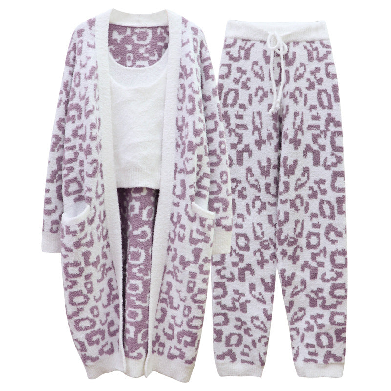 Three-piece Set Of Warm European And American Leopard Print Royal Sister Style Pajamas Women's Autumn And Winter Cardigan Wool Knitting Can Be Worn As Home Clothes