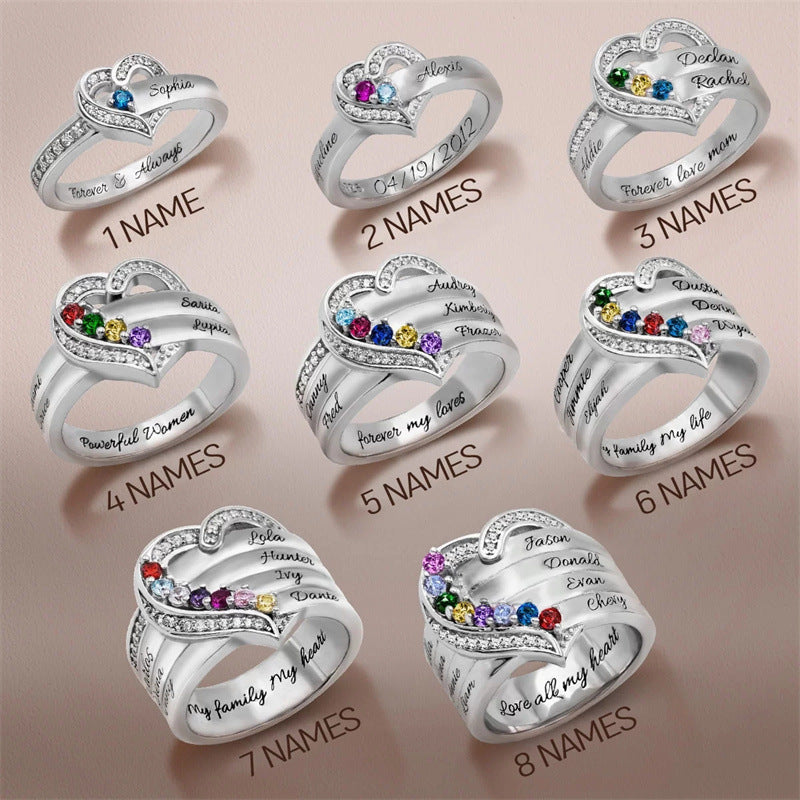 Zero Power Jewelry 925 Sterling Silver Ladies Heart Carving 1-8 Name And Birthstone Rings One Piece Minimum Order