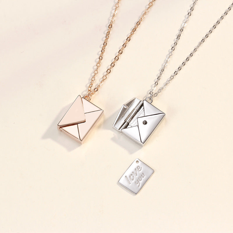 S925 Sterling Silver Envelope Necklace Female Korean Version Light Luxury Square Niche Design Pendant All-match Sweater Chain Ins