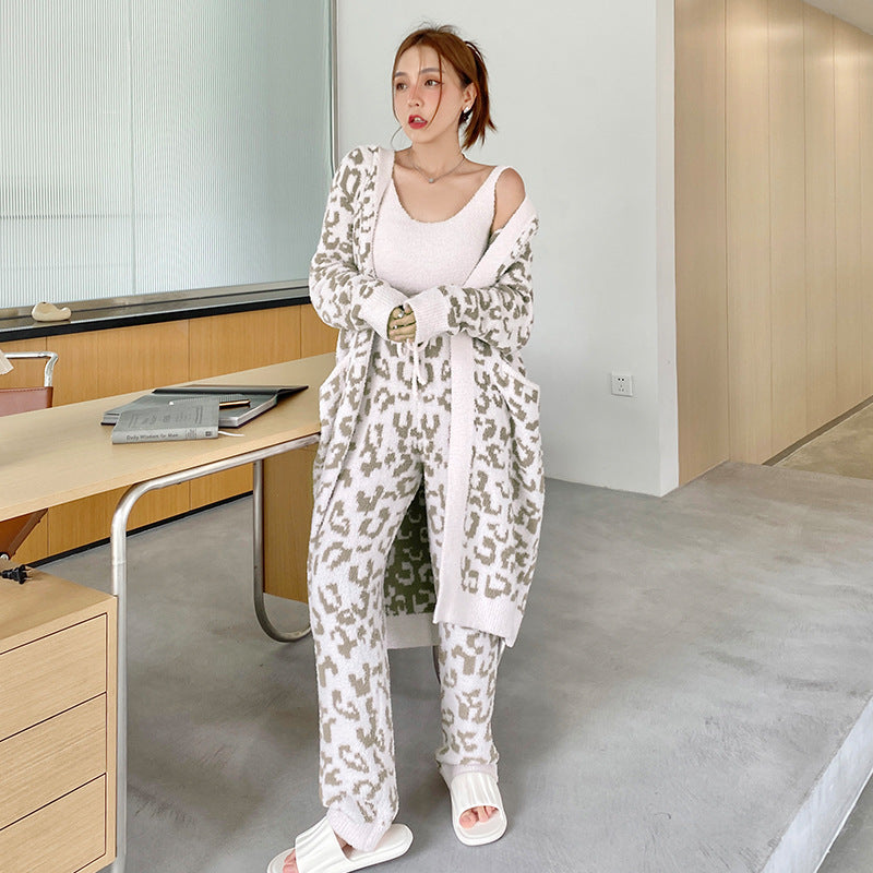 Three-piece Set Of Warm European And American Leopard Print Royal Sister Style Pajamas Women's Autumn And Winter Cardigan Wool Knitting Can Be Worn As Home Clothes