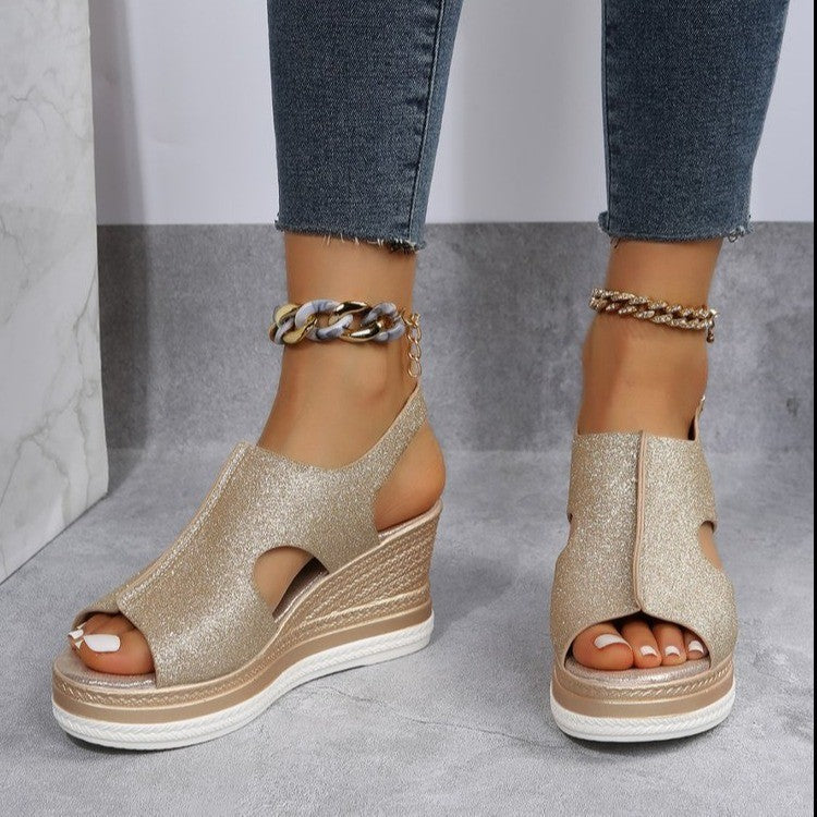 Summer New Large Size  Women&#039;s Shoes Roman Wind Wedge Thick Bottom Hollow Fish Mouth Sandals Women&#039;s