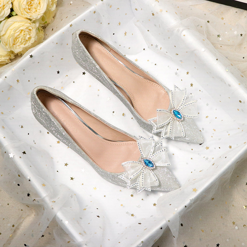 French Wedding Shoes Hexiu Wedding Dress Two-wear Silver Sequined High-heeled Shoes Stiletto Bridal Shoes Crystal Not Tired Feet High-end Sense