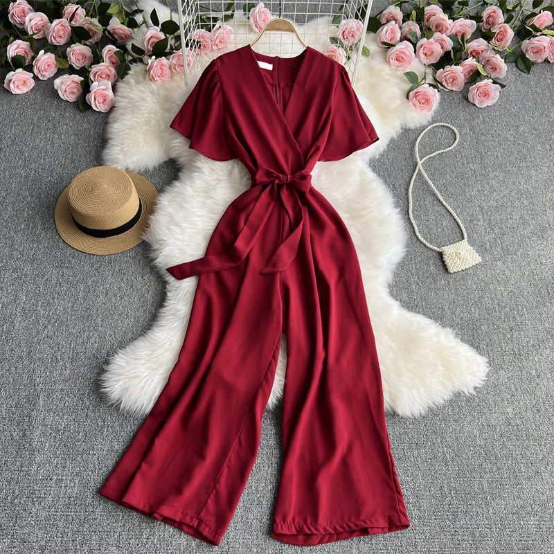 Temperament V-neck Short-sleeved Waist Strap Slim Jumpsuit Solid Color Simple High Waist Drape Wide-leg Pants