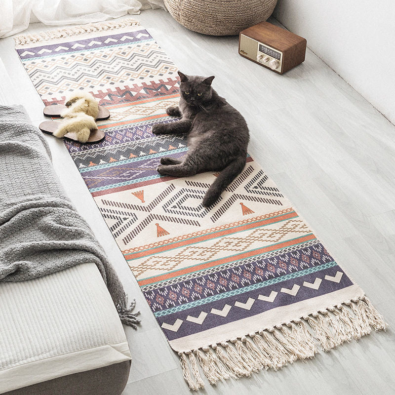 Bohemian Tassel Simple Cotton And Linen Retro Ethnic Style Carpet Floor Mat Living Room Bedroom Bedside Foot Pad Machine Wash