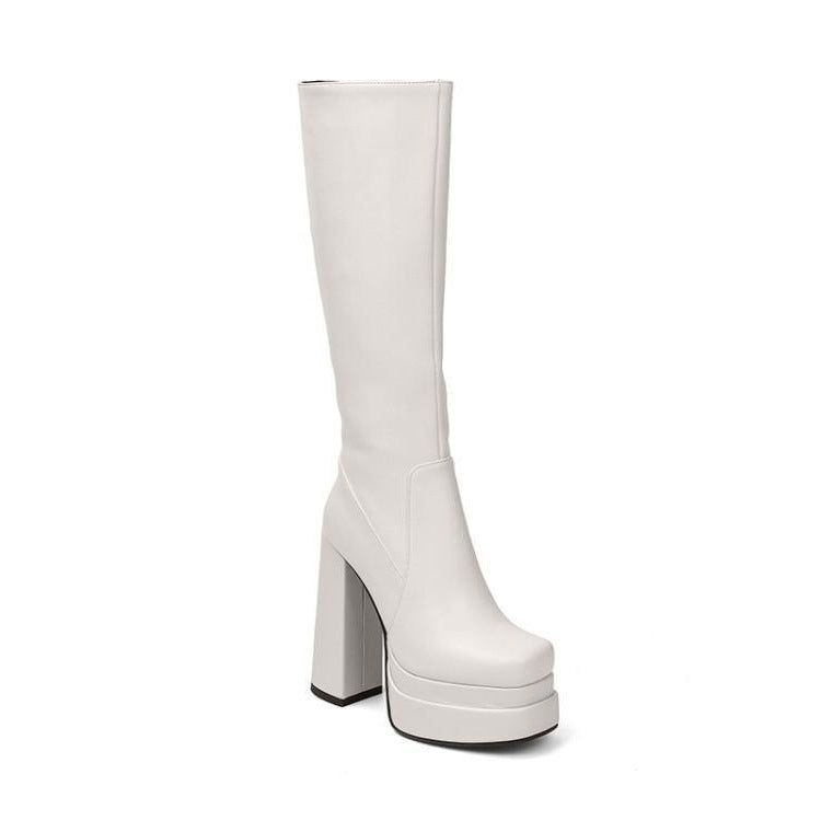 Waterproof Platform Thick Heel High Heel High Boots Thick Sole Leather Boots Beige Boots